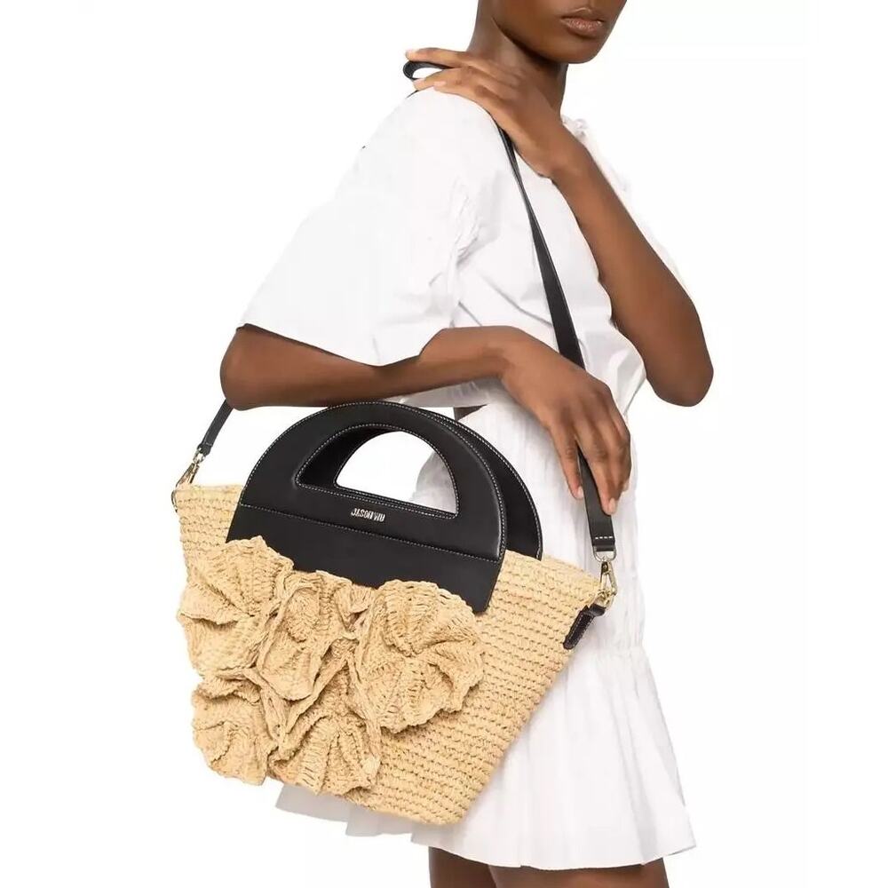 Jason Wu Raffia Floral Tote Bag Black Leather Top Handle Crossbody Purse - Picture 11 of 11